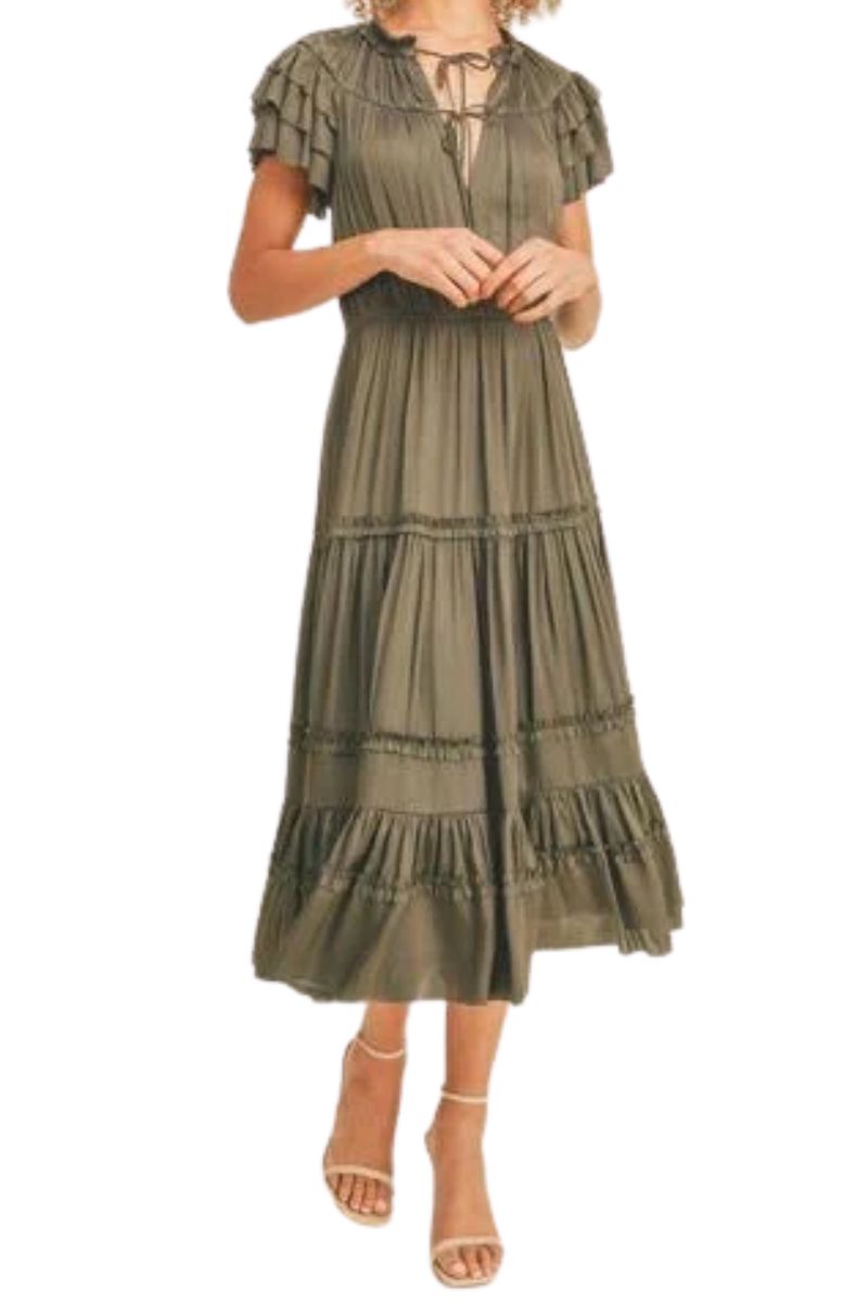 s/s ruffle long dress in olive