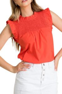 thml 100 cotton smocked poplin top in coral 108049