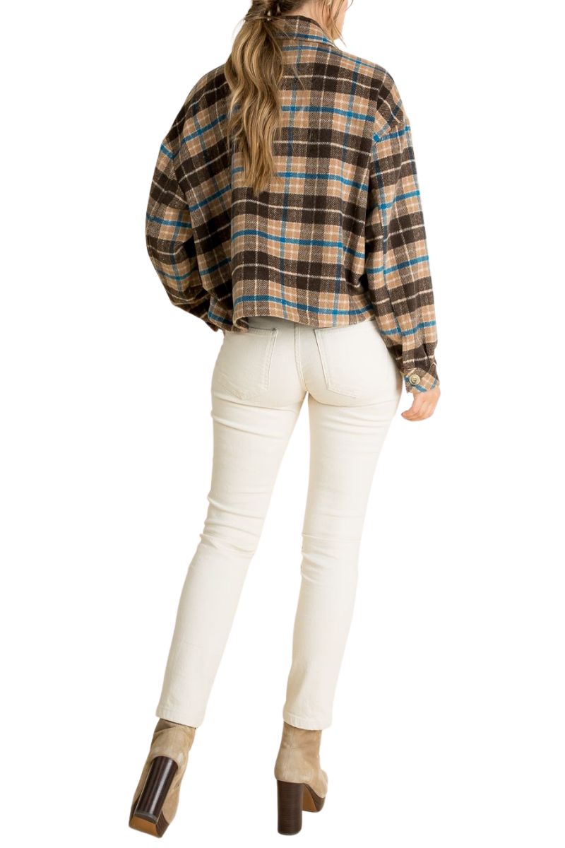 thml plaid cropped jacket in brown