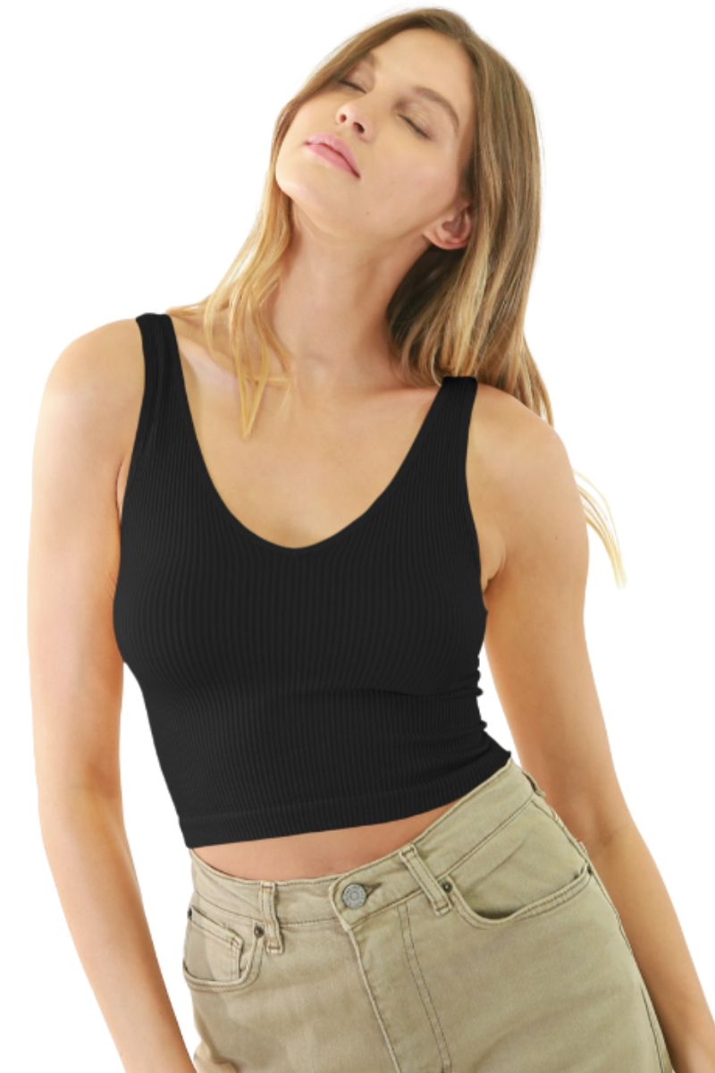 V Neck Ribbed Crop Top in Black | Cotton Island Women's Clothing Boutique