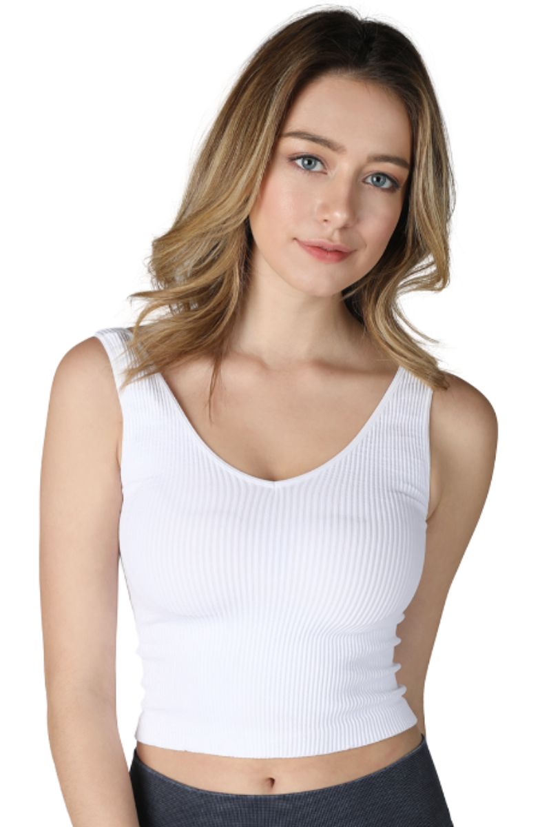 V Neck Ribbed Crop Top in White  Cotton Island Women's Clothing