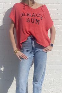 wooden ships cotton beach bum tee in coral hibiscusbold ink 104777