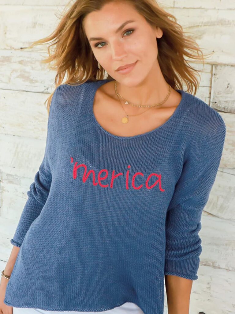 wooden ships 'merica crew cotton sweater in indigo/real red