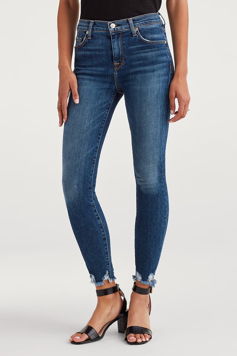 7 For All Mankind High Waist Ankle Skinny with Chewed Hem in Blue ...