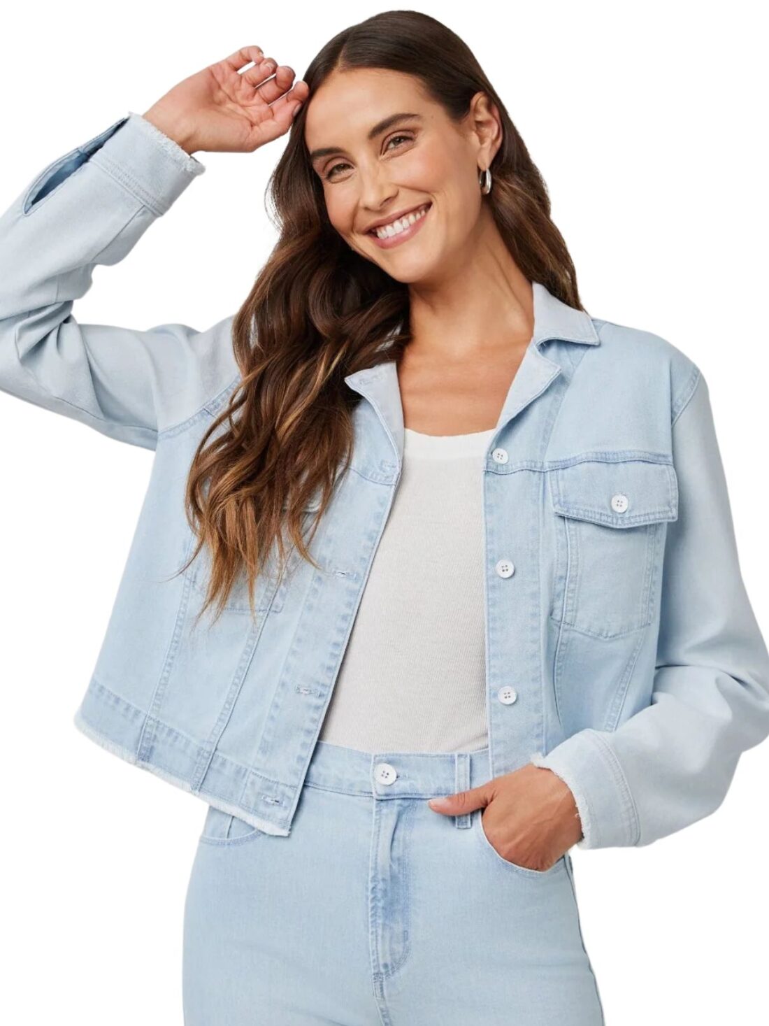 bella dahl coco fray denim jacket in tidal spray wash