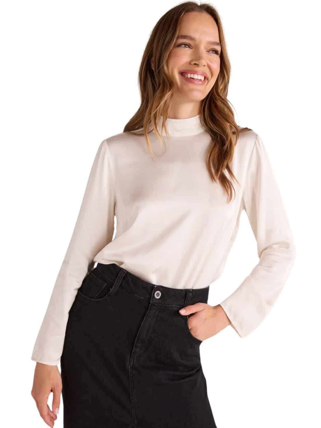 bella dahl mock neck button back blouse in winter white