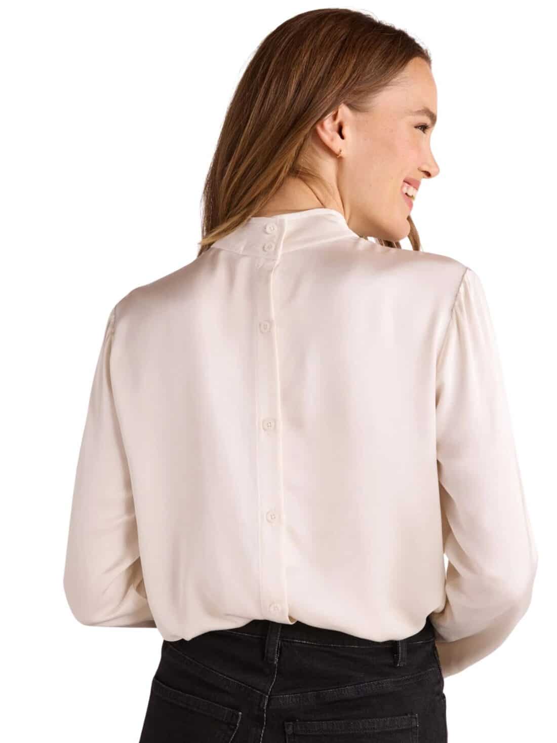 bella dahl mock neck button back blouse in winter white