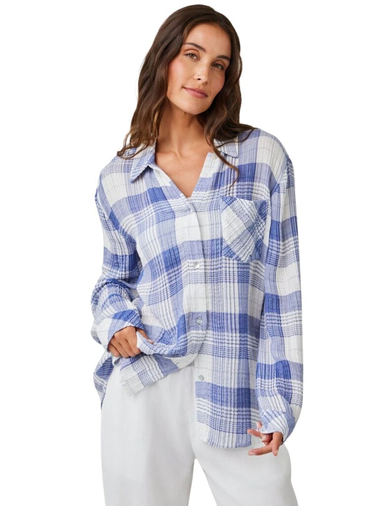 bella dahl oversized shirt in pacific blue plaid