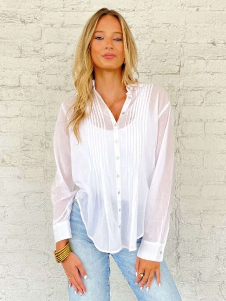 bella dahl pintucked flowy white blouse