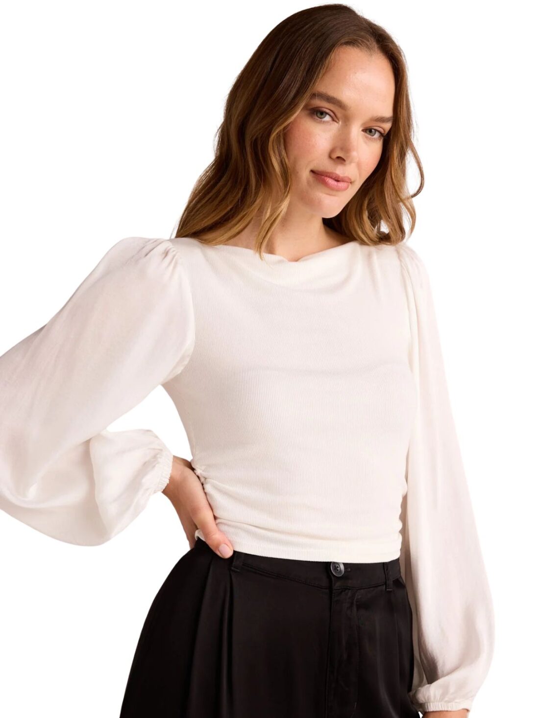 bella dahl ruched flowy blouse in winter white