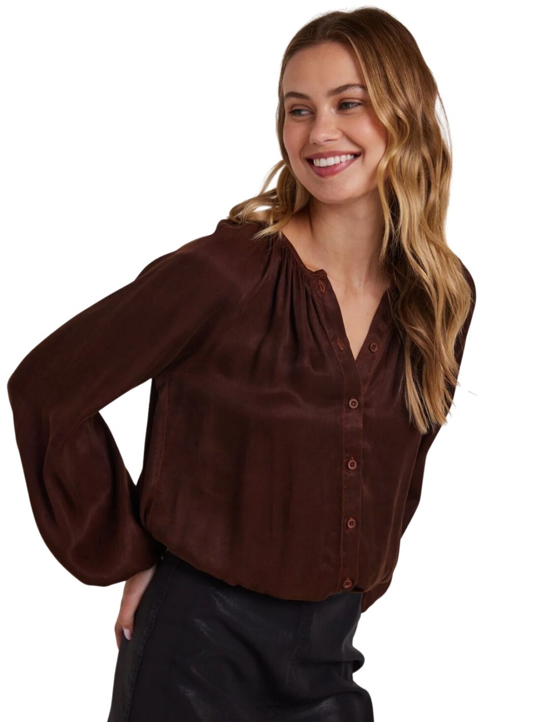 bella dahl shirred blouse in mahogany brown