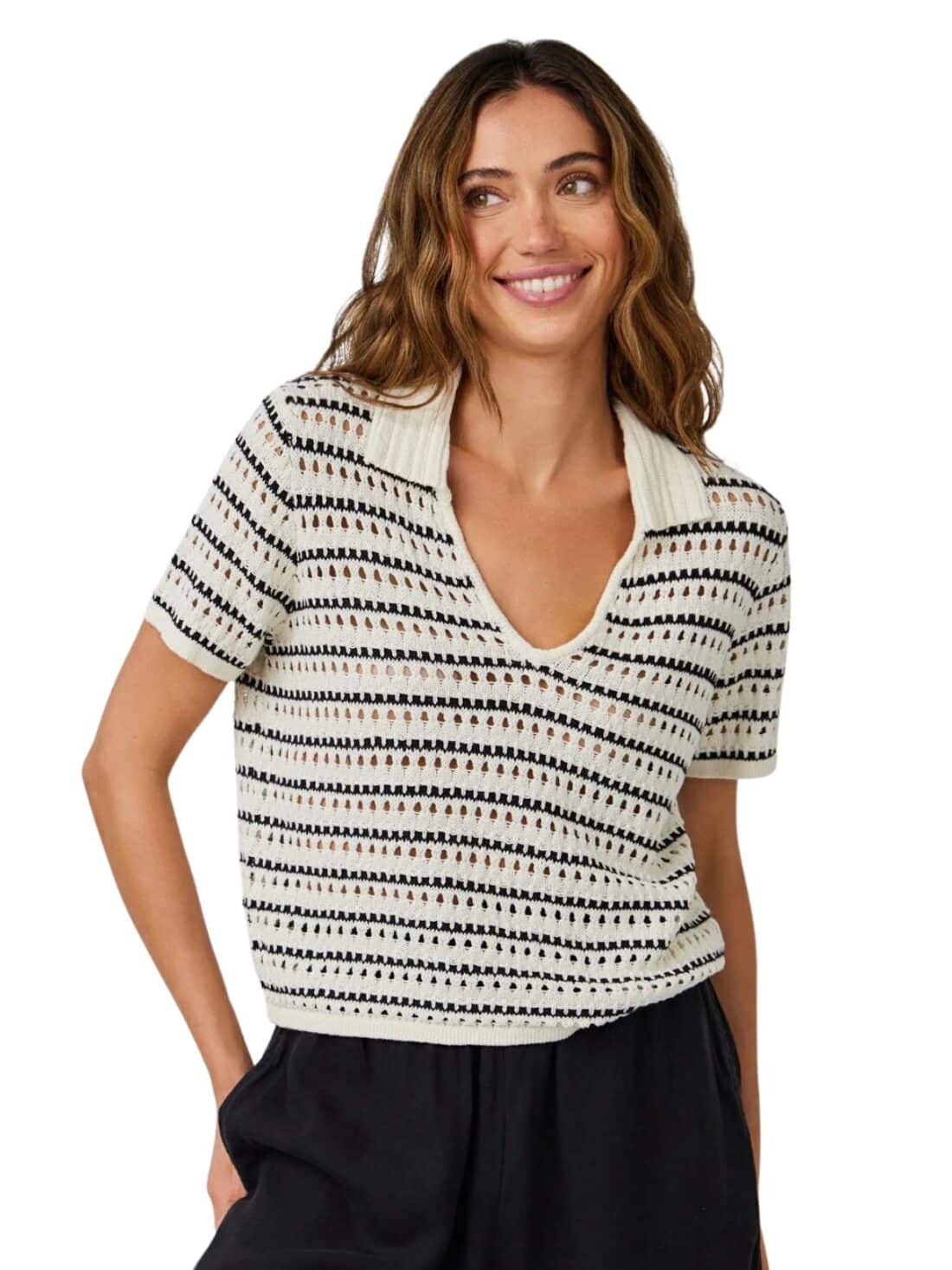 bella dahl striped collared sweater in black/ivory