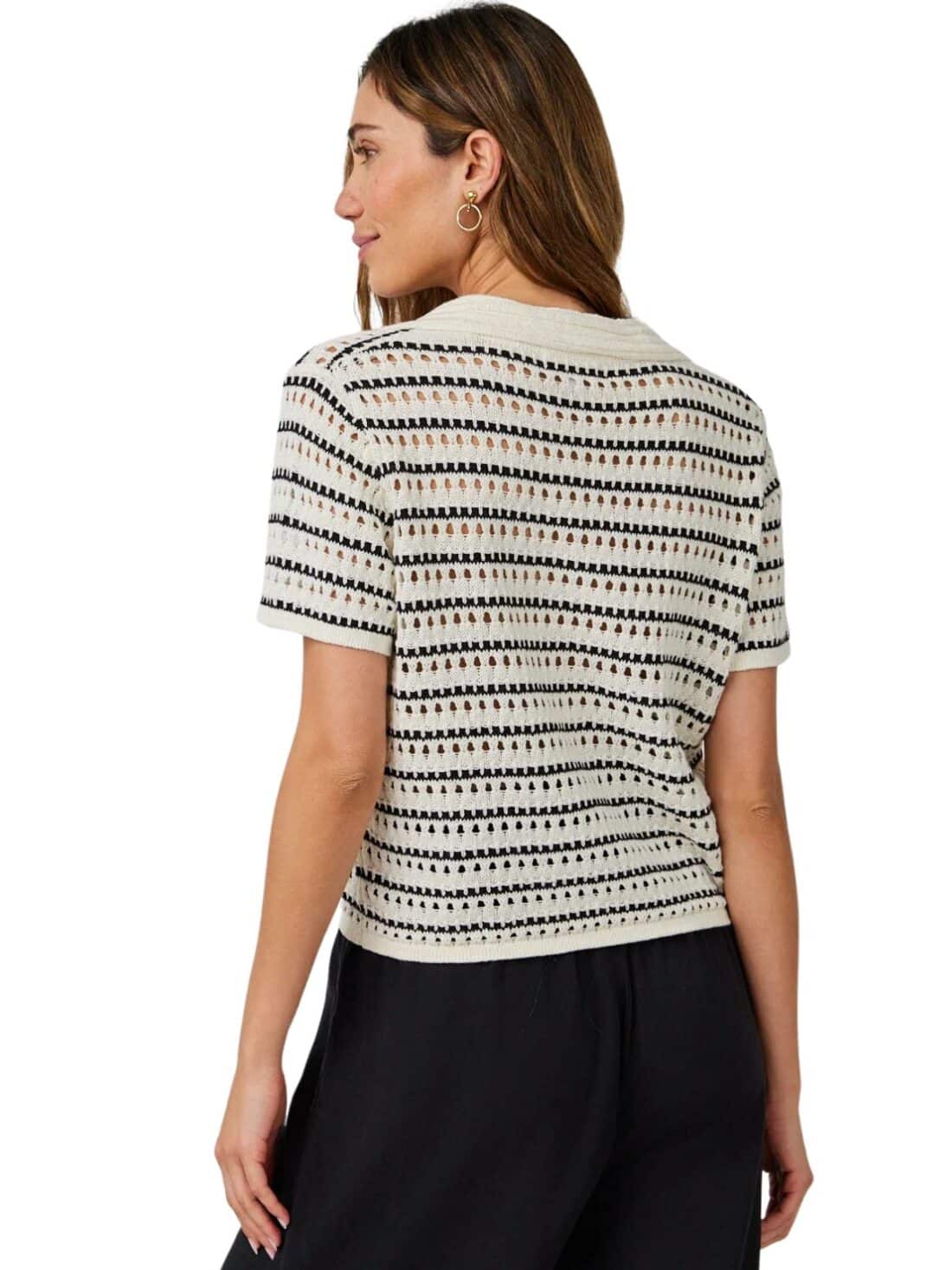 bella dahl striped collared sweater in black/ivory