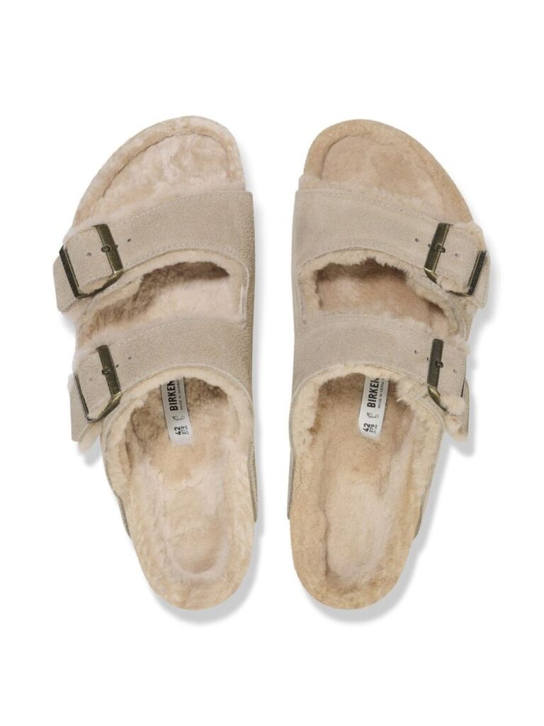 birkenstock arizona shearling in taupe suede