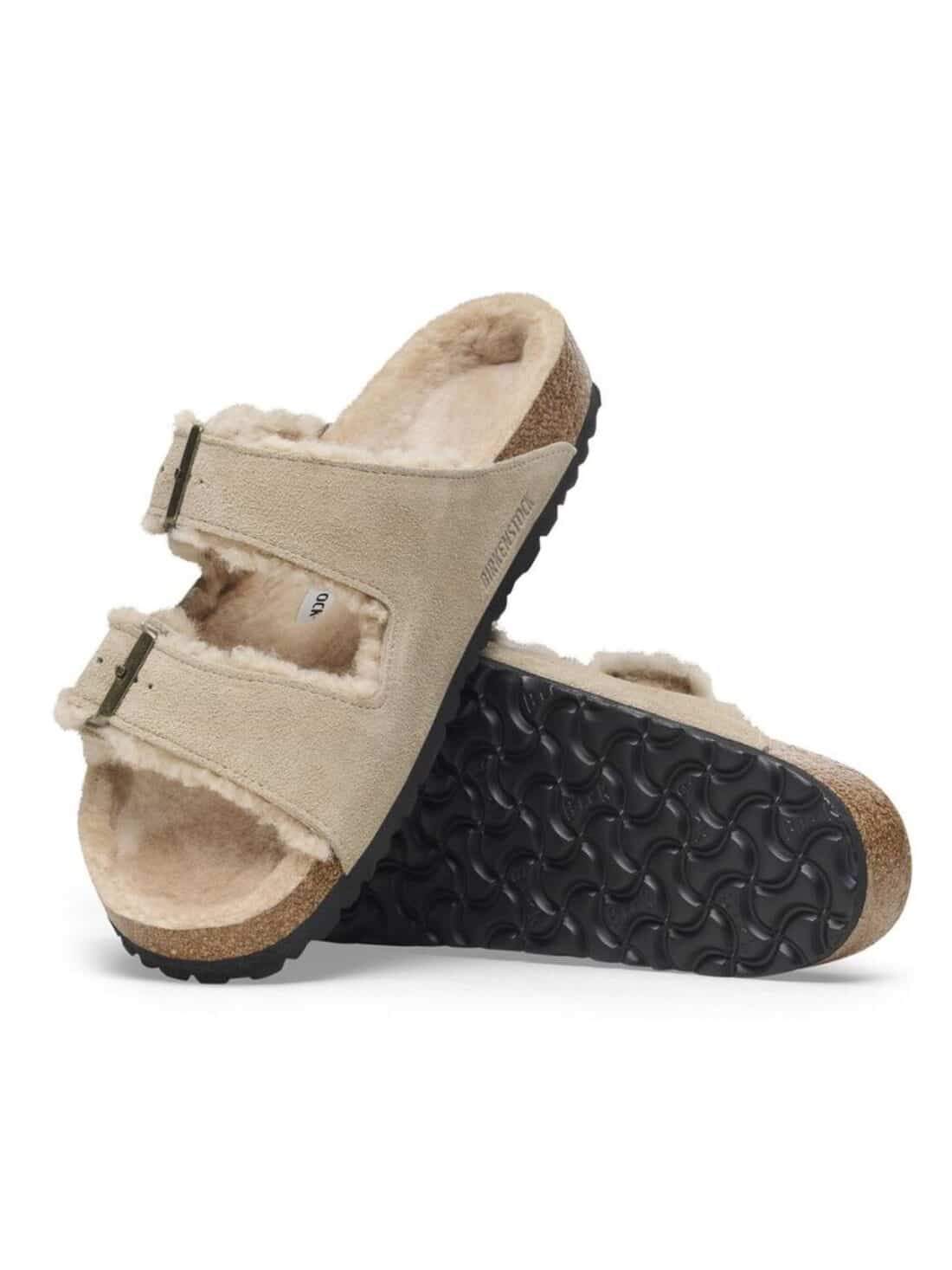 birkenstock arizona shearling in taupe suede