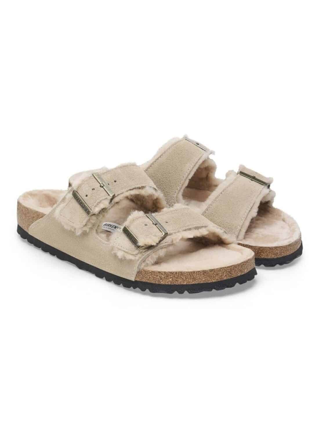 birkenstock arizona shearling in taupe suede