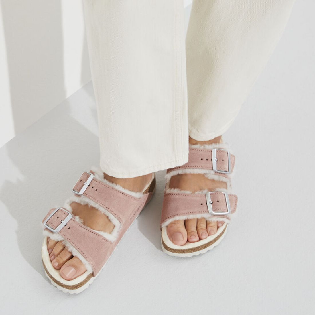 Birkenstock Arizona Shearling Suede in Pink Clay/Natural | Cotton ...