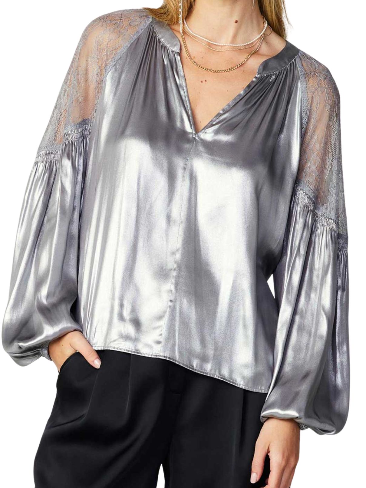 Current Air Split Neck Blouse in Silver | Cotton Island Women's ...