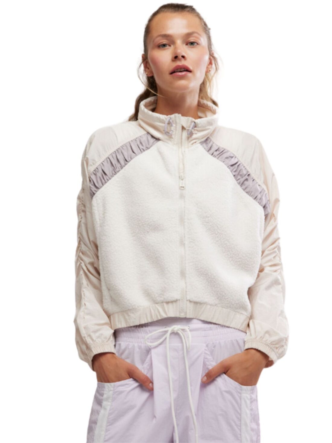 free people amelia zip up fleece jacket in beach clay/oyster