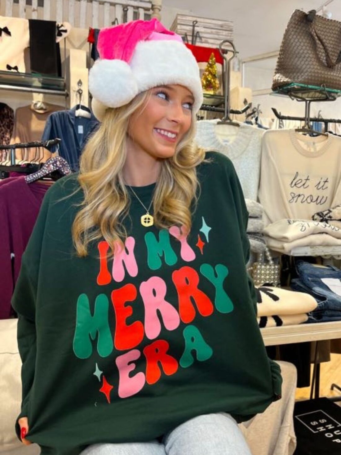 in my merry era sweatshirt in forest