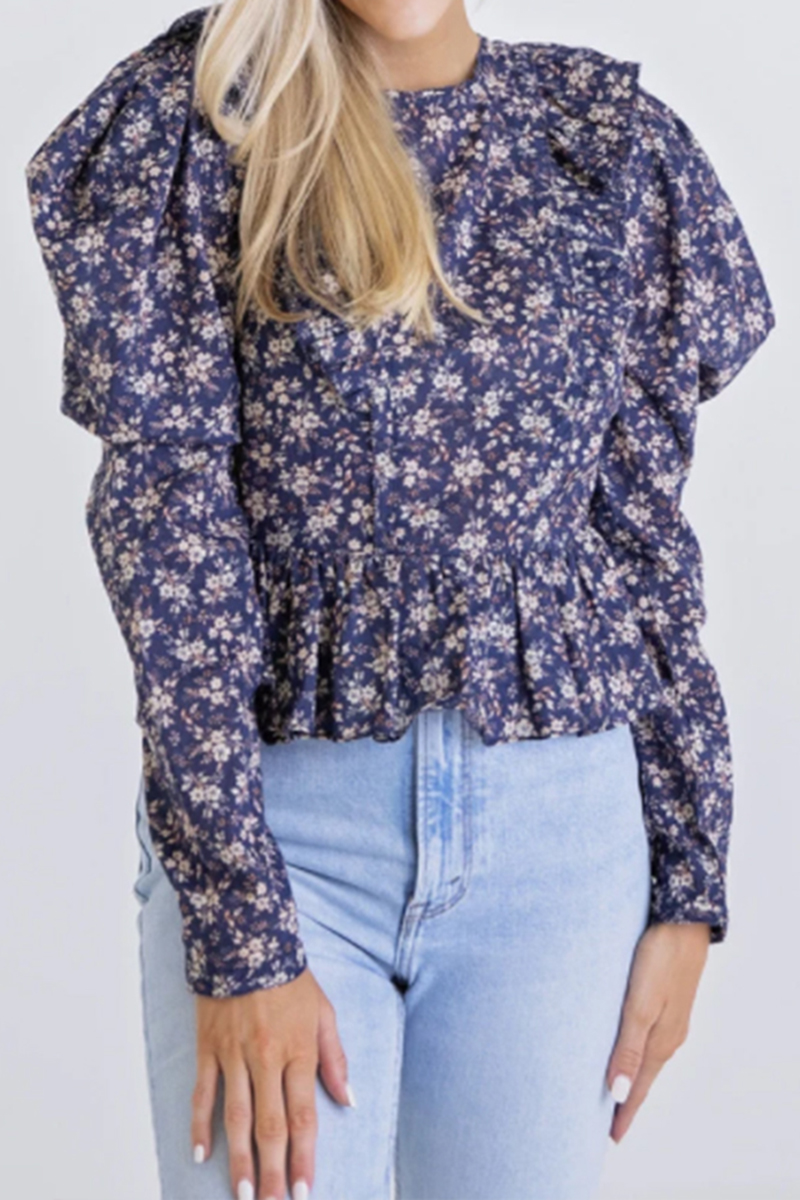 Karlie Floral Puff Sleeve Top In Navy Cotton Island Womens Clothing Boutique 5678