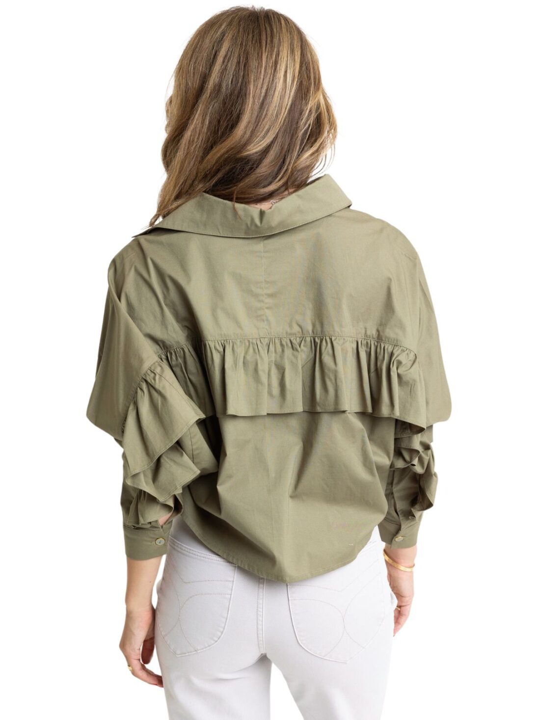 karlie poplin ruffle back top in olive