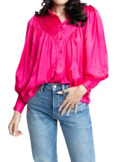 karlie satin pleat front button up blouse in raspberry