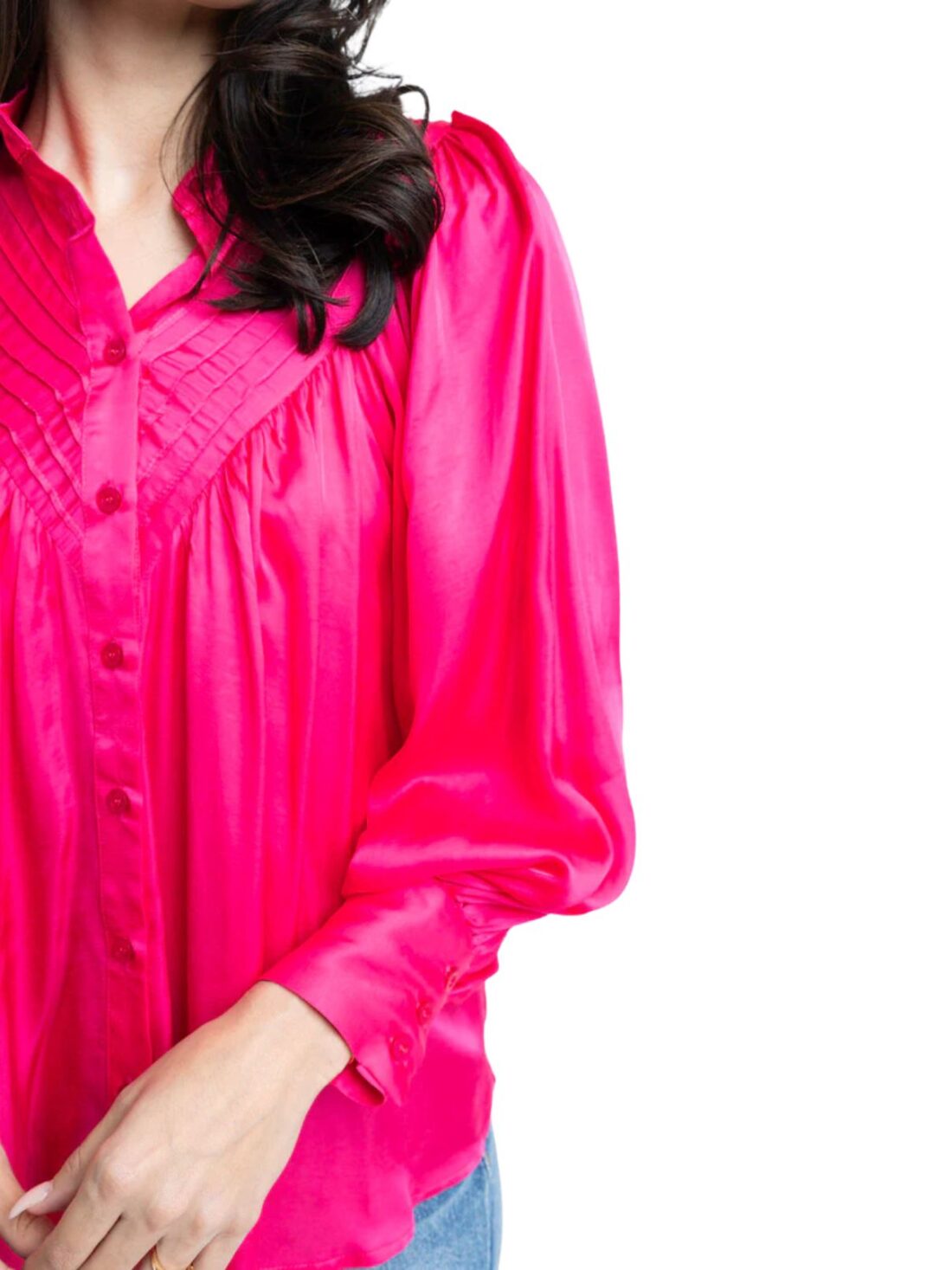 karlie satin pleat front button up blouse in raspberry