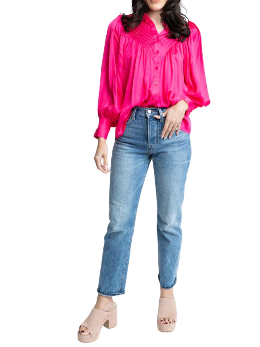 karlie satin pleat front button up blouse in raspberry