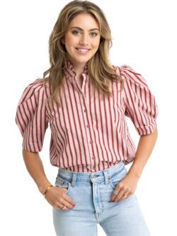 karlie stripe puff sleeve top in pink and red