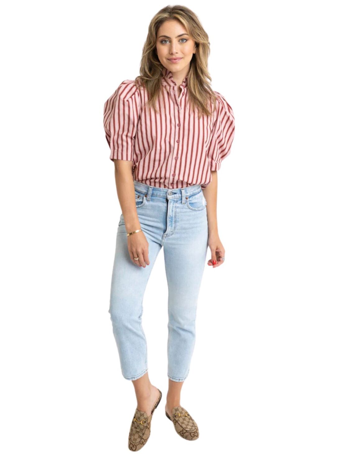 karlie stripe puff sleeve top in pink and red