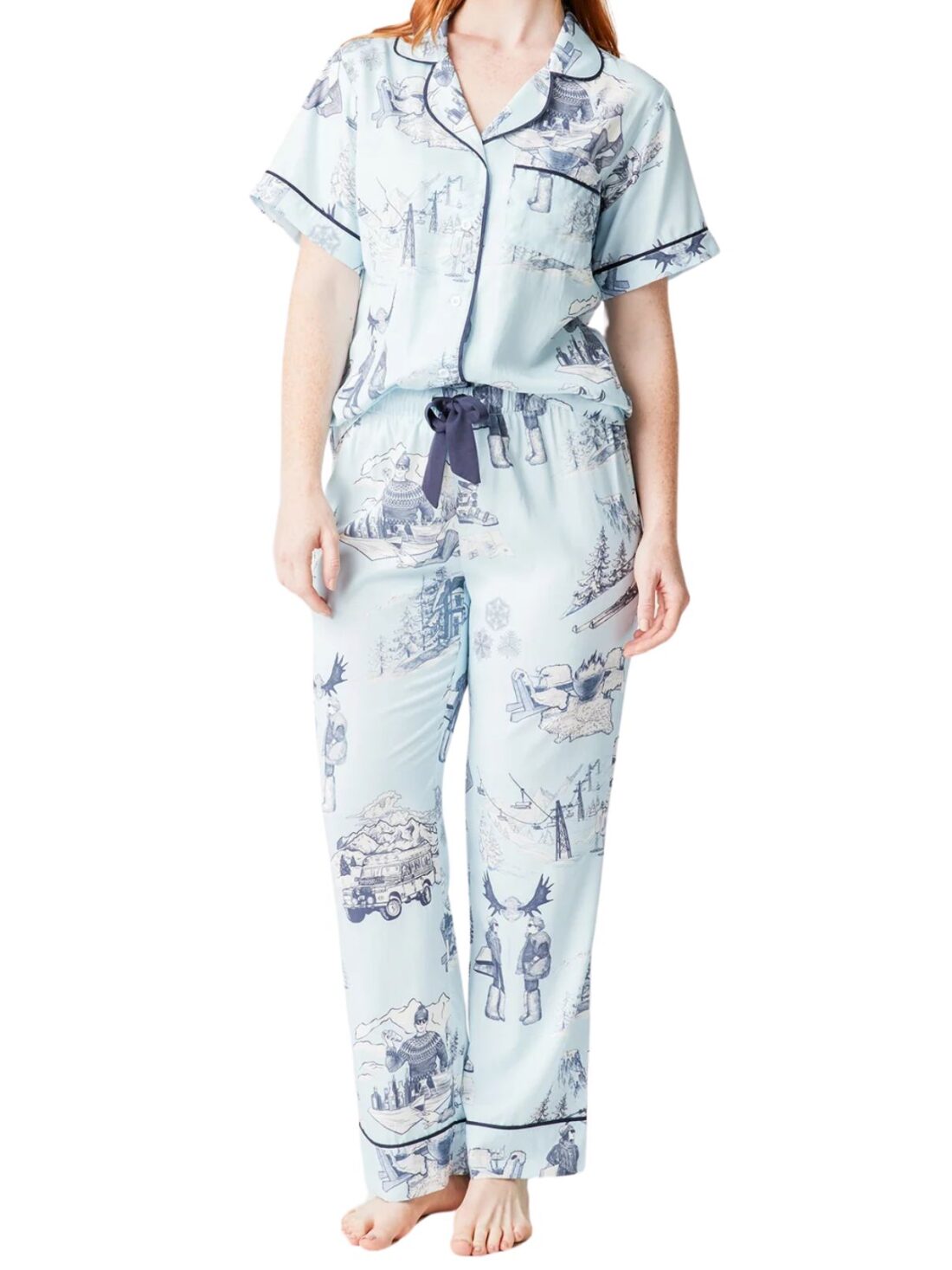 katie kime apres ski toile pajama set in lt blue/navy