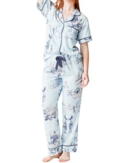 katie kime apres ski toile pajama set in lt blue/navy