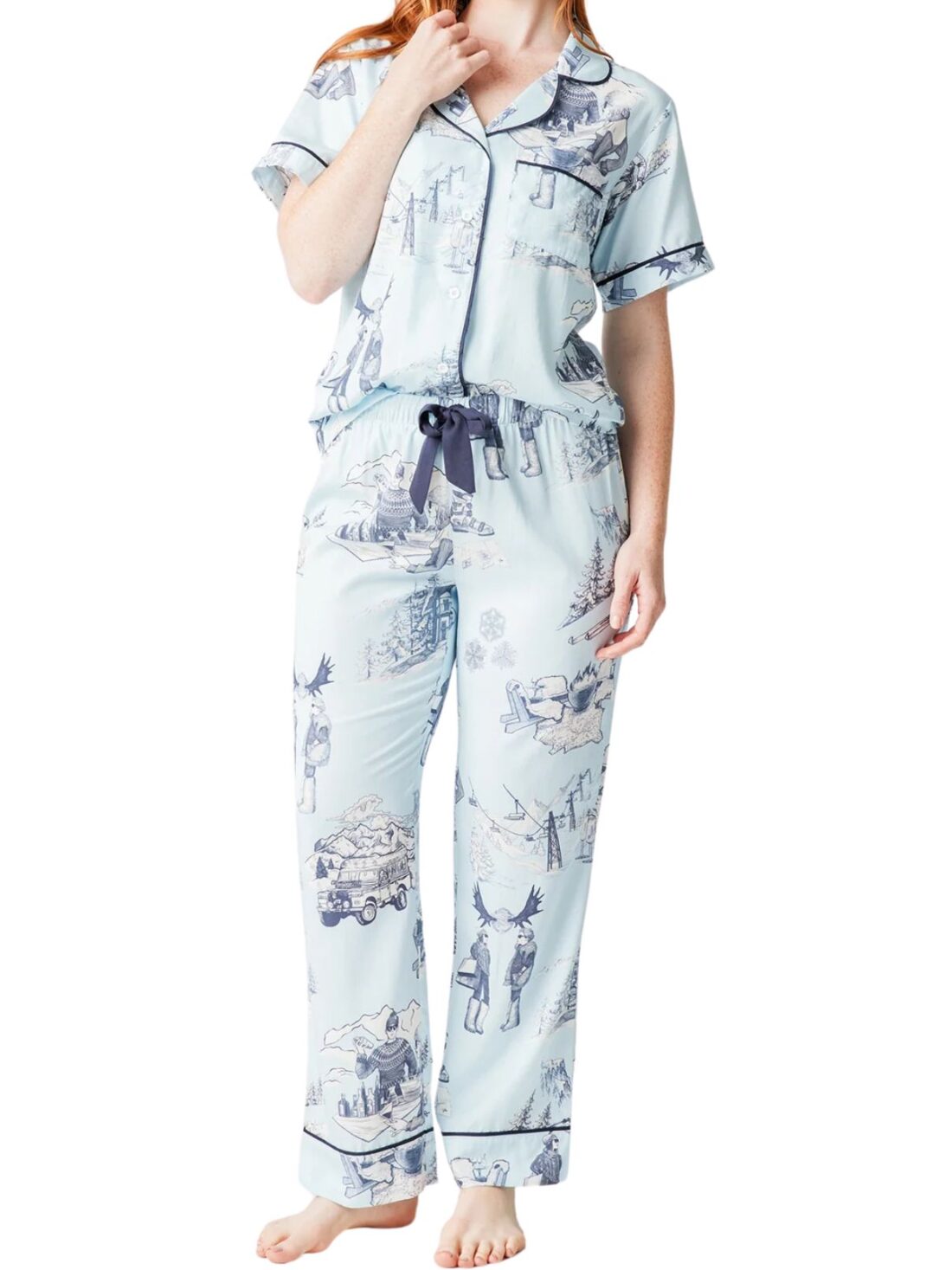 katie kime apres ski toile pajama set in lt blue/navy