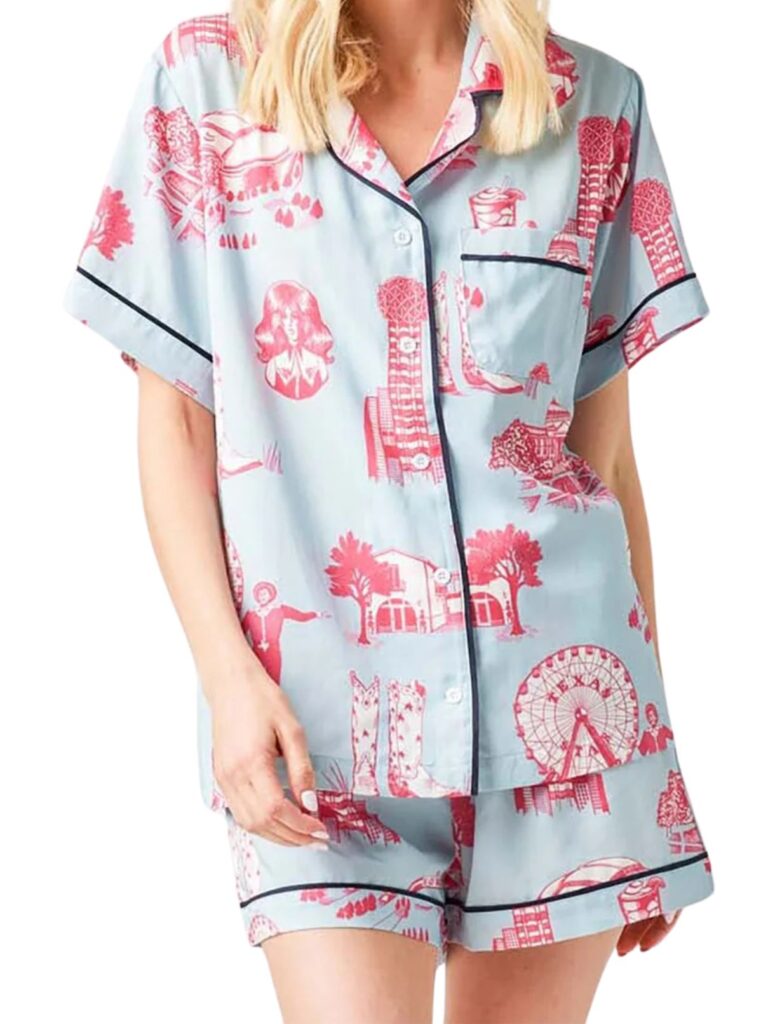 katie kime dallas toile pj short set in blue/pink