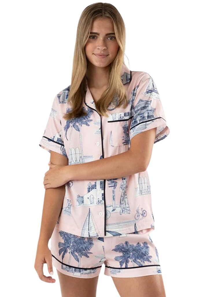 katie kime florida toile pj short set in pink/navy