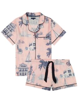 katie kime florida toile pj short set in pink/navy