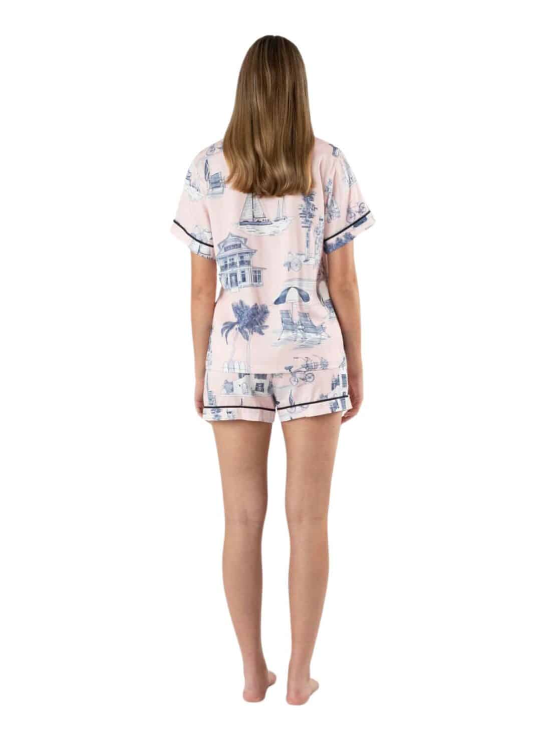 katie kime florida toile pj short set in pink/navy