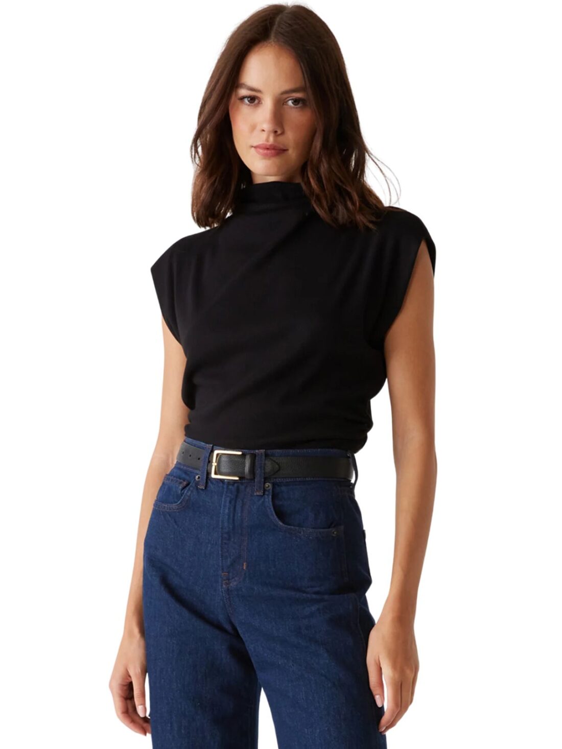 michael stars amara power shoulder top in black