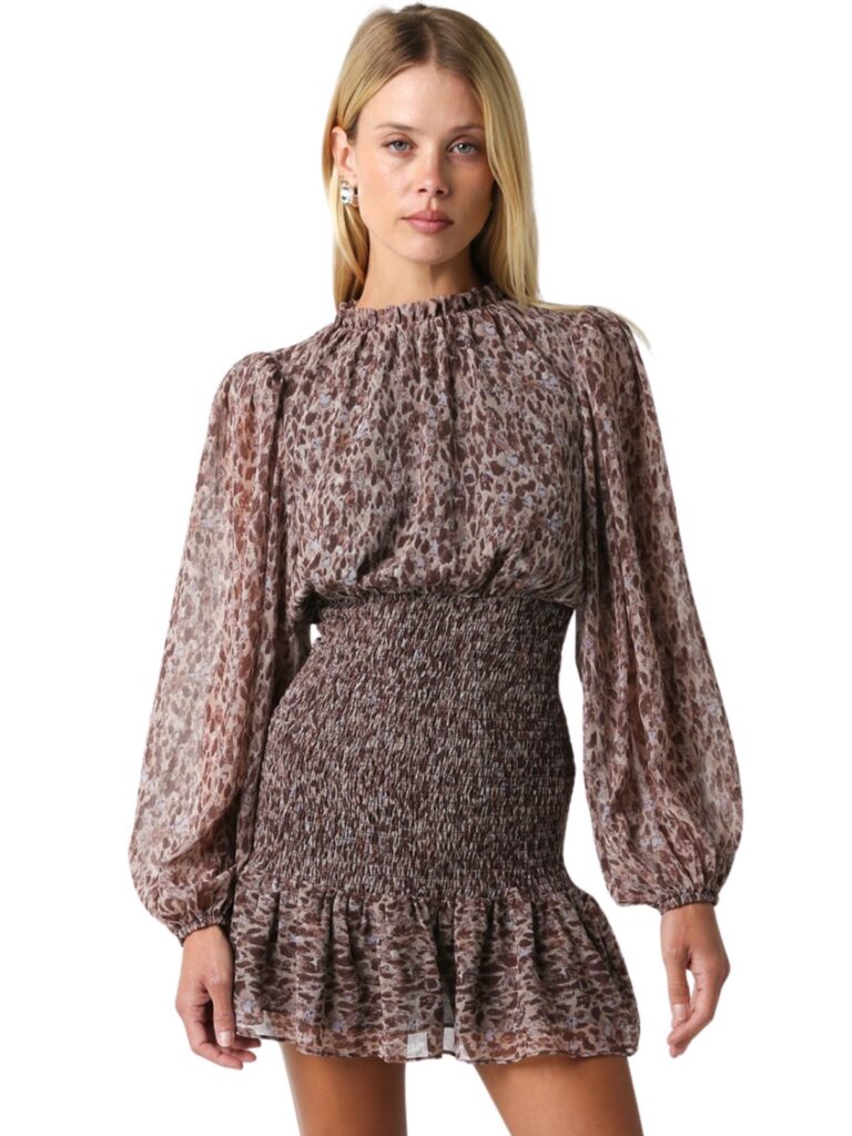 olivaceous l/s ruffle dress in sandstone