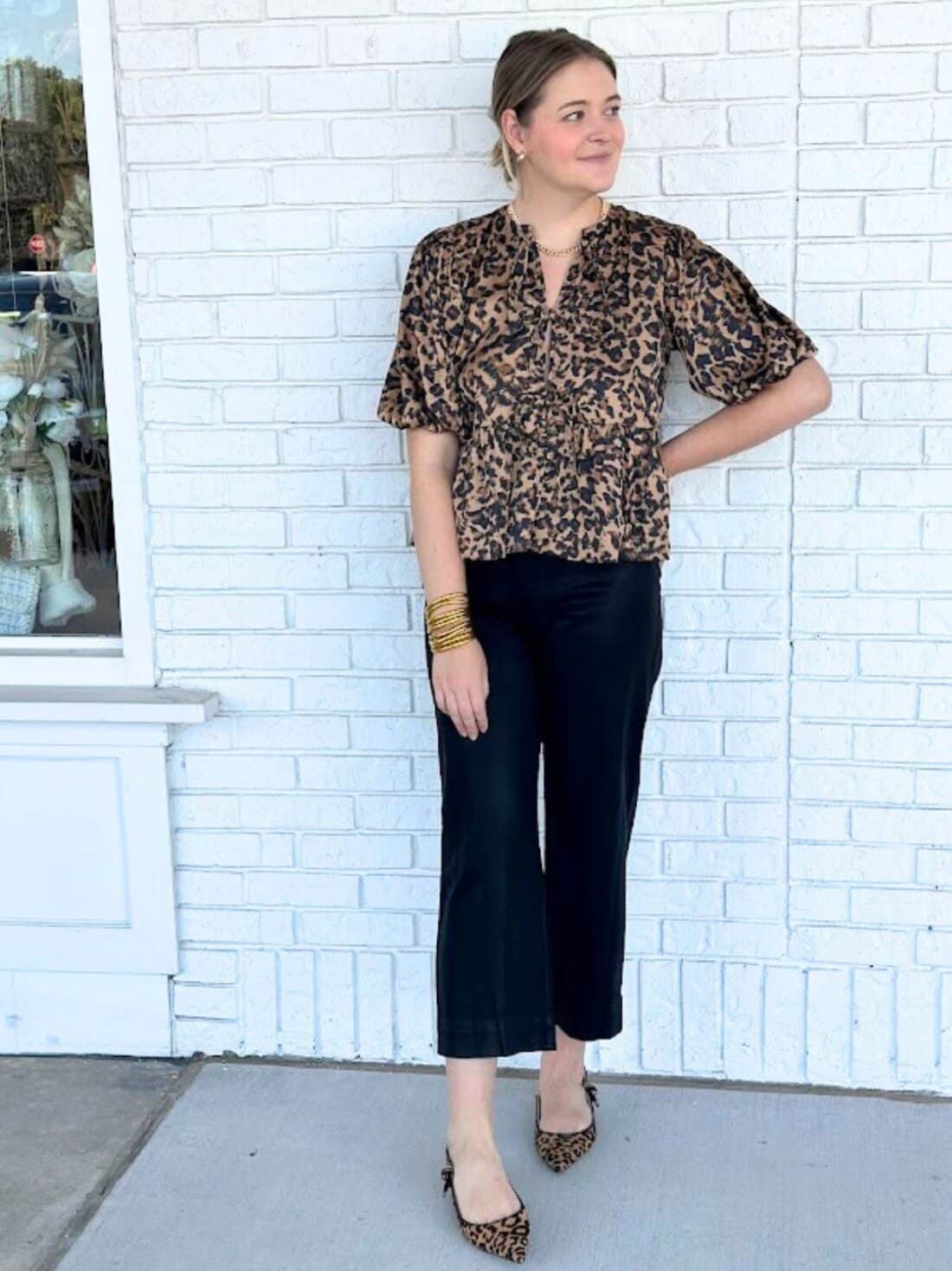 olivaceous tie blouse in leopard