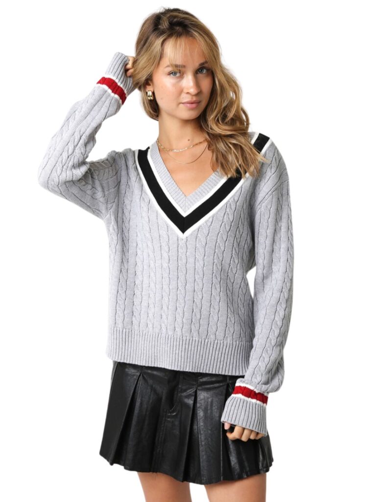 olivaceous v neck sweater in heather grey/black