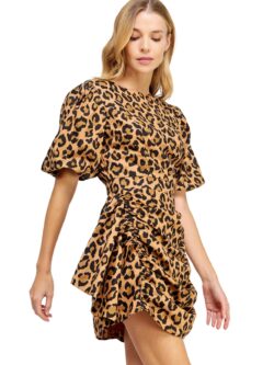 ruched puff sleeve dress in leopard