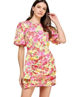 ruched puff sleeve dress in pink floral