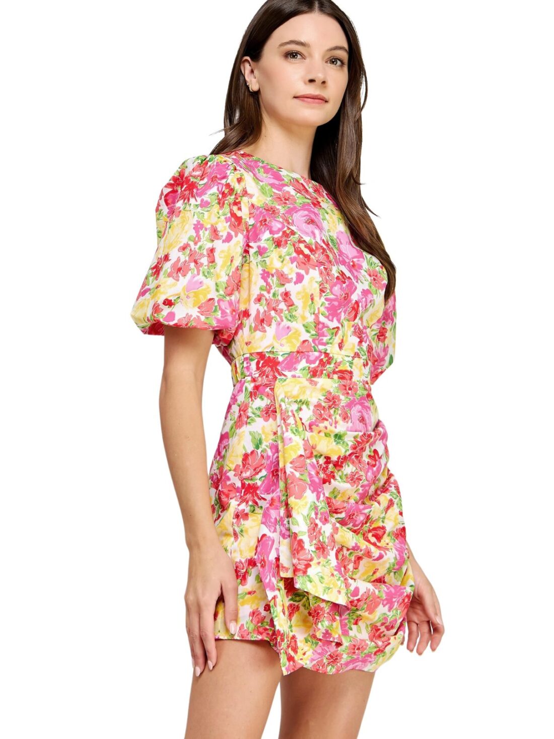 ruched puff sleeve dress in pink floral