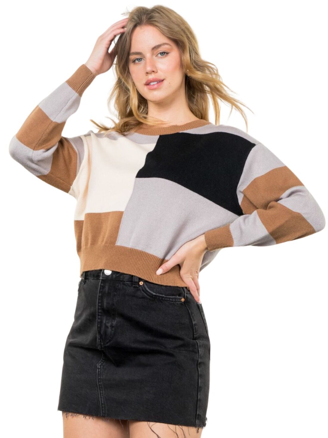 thml color block knit sweater in camel