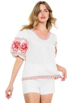 thml embroidered puff sleeve top in cream