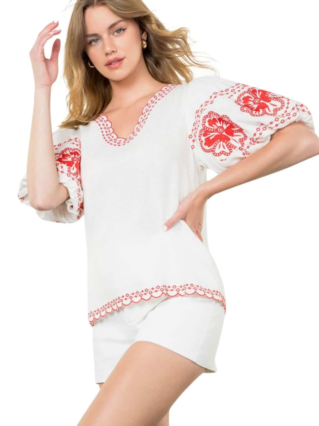 thml embroidered puff sleeve top in cream