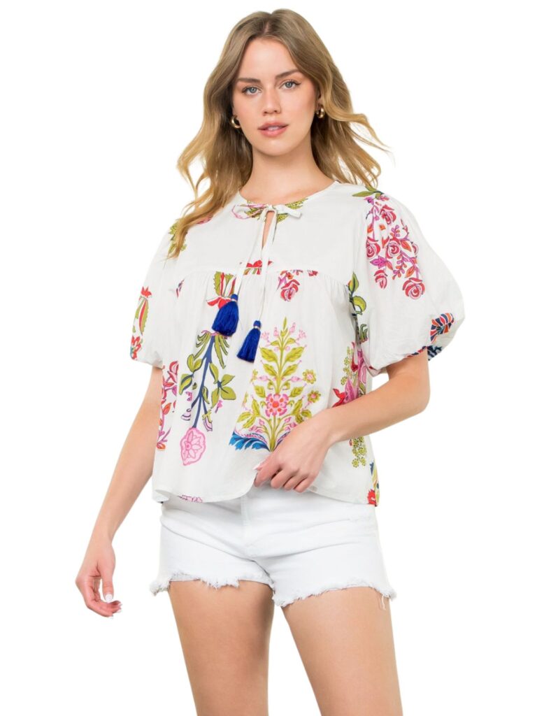 thml floral tassel top in white