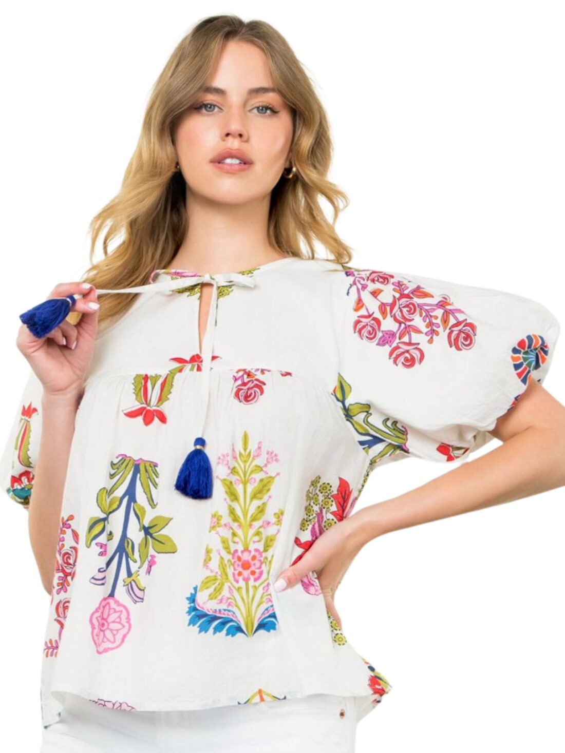 thml floral tassel top in white